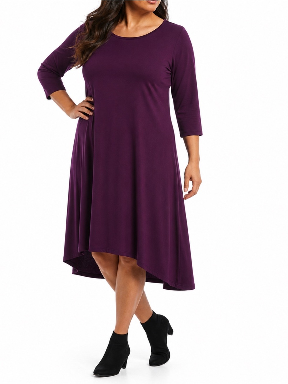 Eileen Fisher Purple Stretch Jersey Swing Dress 1X Hi Low Hem Viscose